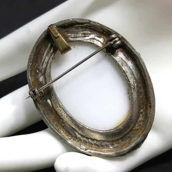 Vintage Porcelain Asian Couple Brooch Pendant Gold Tone Cameo Unsigned - Picture 4 of 10